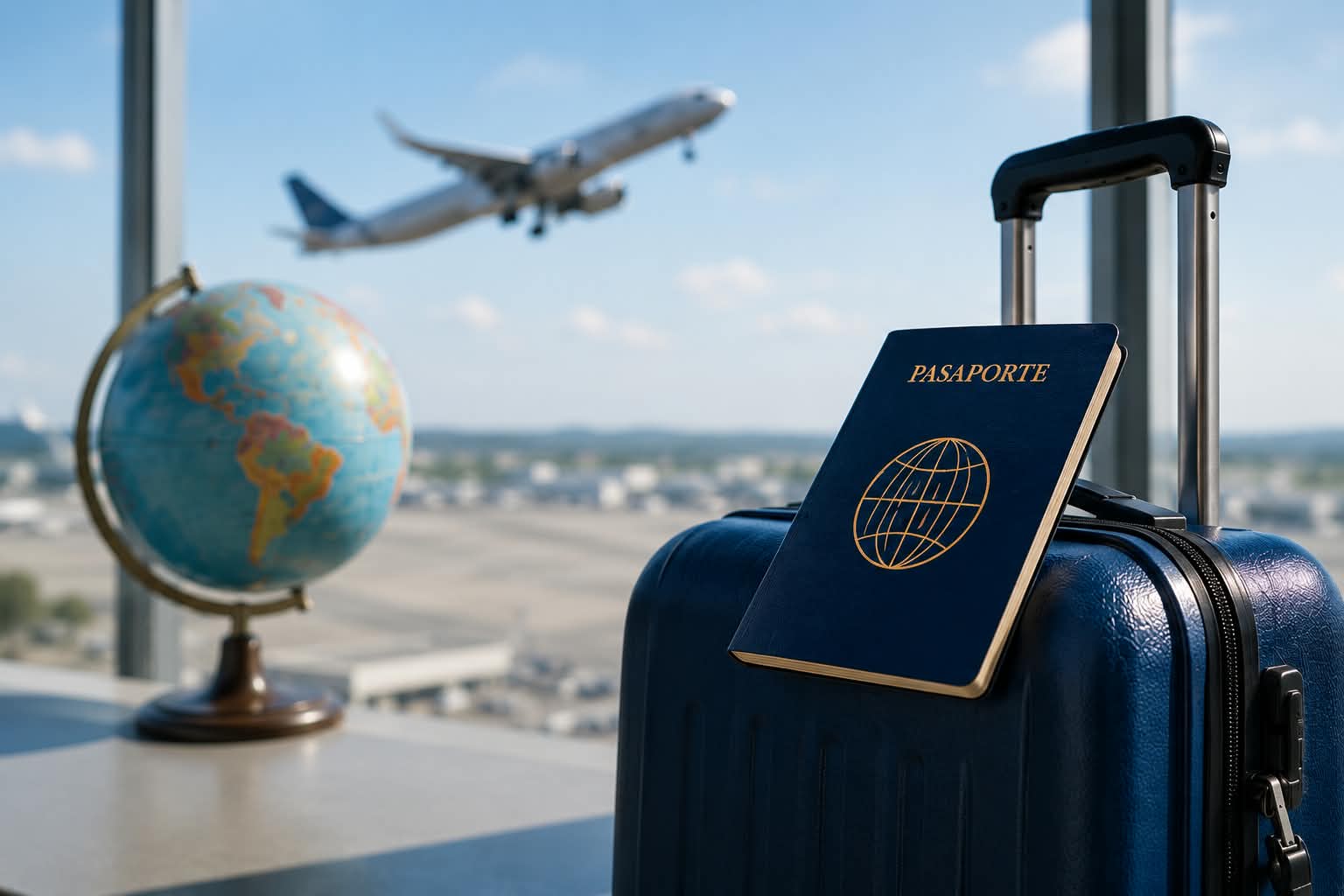 Pasaporte y valija de viaje con avión despegando de fondo